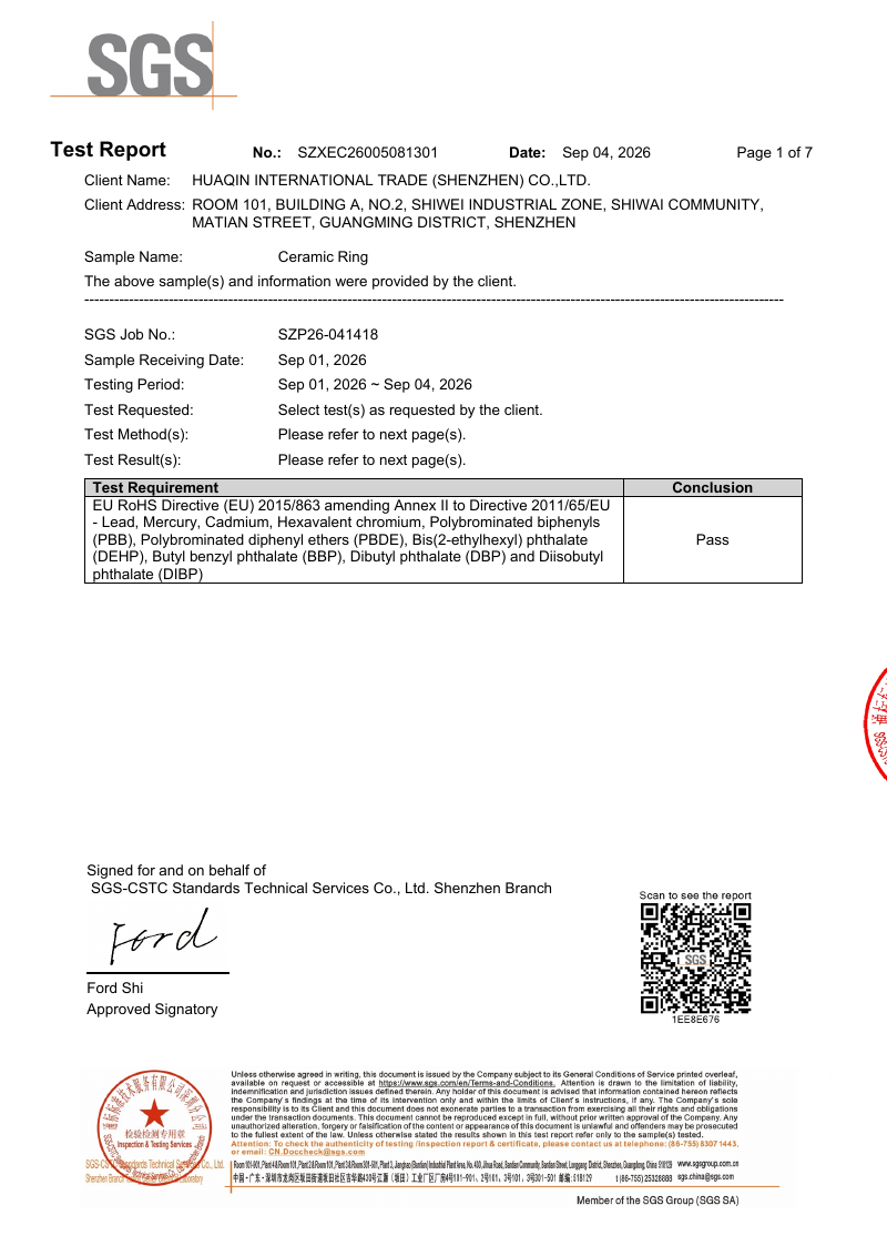 First page of SGS test report SZXEC26005081301 for Ceramic Ring