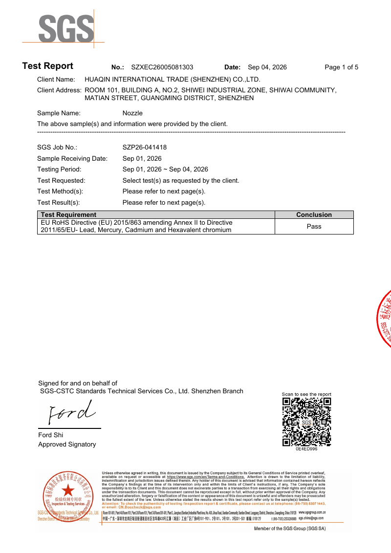First page of SGS test report SZXEC26005081303 for Nozzle